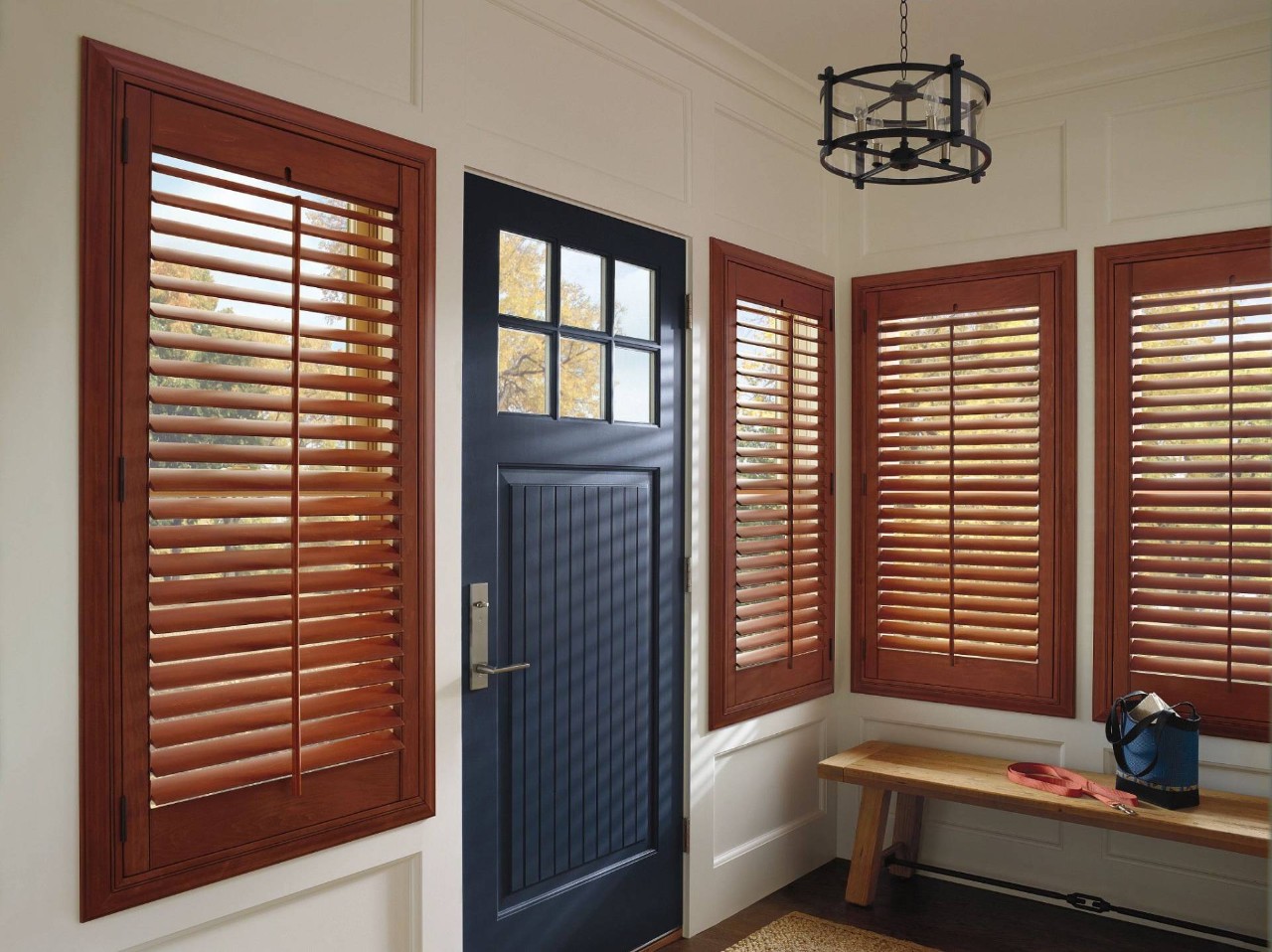 Hunter Douglas Heritance® Wood shutters on a modern home window near Windham, NH