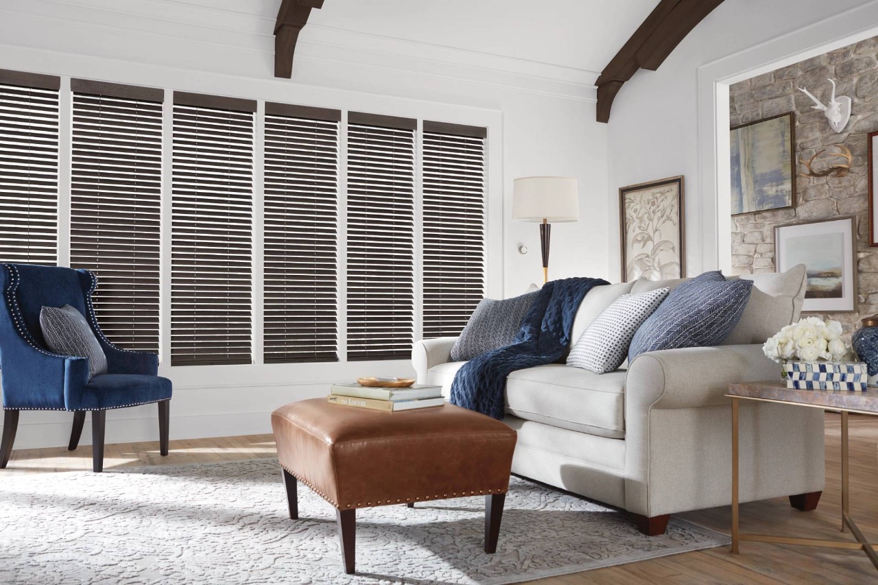 Hunter Douglas Parkland® Wood Blinds in a living room near Windham, New Hampshire